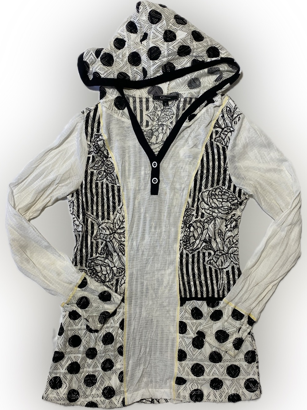 Cativa Mixed-Print Black & White Hooded Longline Blouse